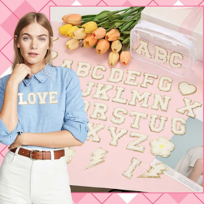 Thrilez White Chenille Letters Iron on Patches, 72 Pcs Self Adhesive Applique Alphabets 2.2 Inch Sew on Letters Patches Varsity Initial Fabric Stickers Fuzzy Towel Embroidered Patches for Clothing Caps - Image 2